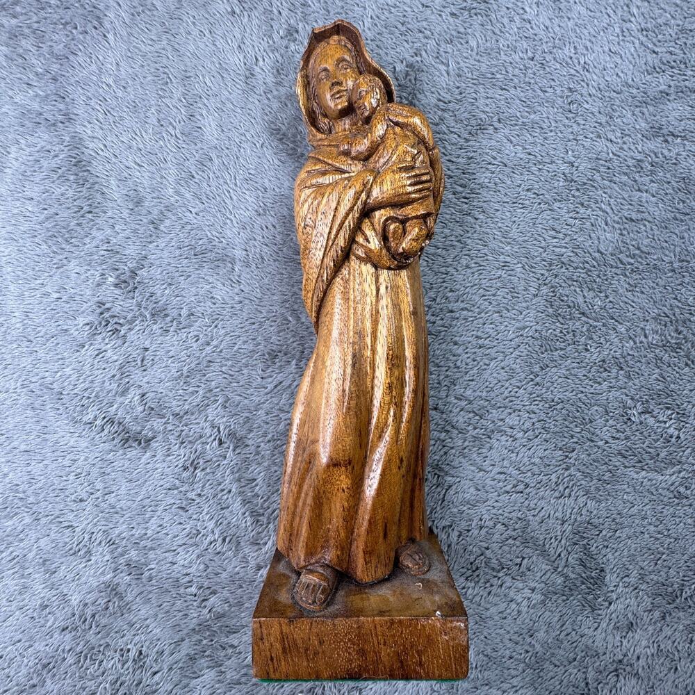 Signed Hand Carved Wood Madonna & Child 14" Folk Art Sculpture Mary & Baby Jesus